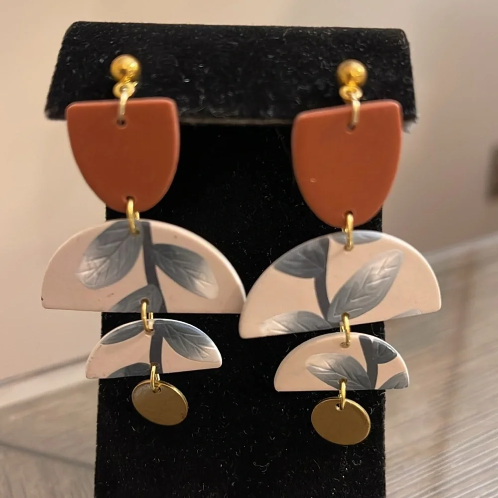 Boutique Style Polymer Clay Geometric Leaf Drop Earrings